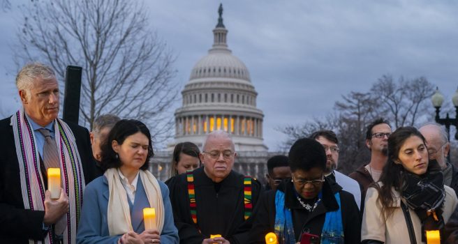 WASHINGTON, DC - JANUARY 06: Community faith leaders gather for a prayer vigil on the second anniversary of the January 6 attack on the Capitol on January 6, 2023 in Washington, DC. Speakers called for an end to Christian nationalism and denounced political violence. (Photo by Nathan Howard/Getty Images)
