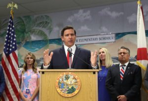FORT LAUDERDALE, FLORIDA - OCTOBER 07: Florida Gov. Ron DeSantis announces that he wants to raise the minimum starting salary for teachers during a press conference held at Bayview Elementary School on October 07, 2019 in Fort Lauderdale, Florida. The Governor’s proposed 2020 budget recommendation will include a pay raise for more than 101,000 teachers in Florida by raising the minimum salary to $47,500.
