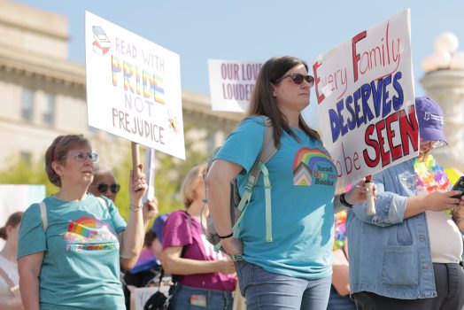 People supporting LGBTQ+ books protest at the U.S. Supreme Court oppose requests for religious opt-outs from LGBTQ+ books in public schools People supporting LGBTQ+ books protest at the U.S. Supreme Court oppose requests for religious opt-outs from LGBTQ+ books in public schools