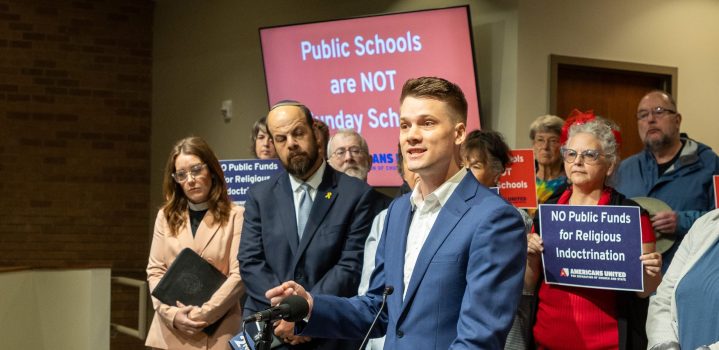 Luke Anderson at Tulsa rally opposing nation’s first religious public school AU Litigation Fellow Luke Anderson discusses Supreme Court case on nation's first religious public school during a rally in Tulsa April 30, 2025