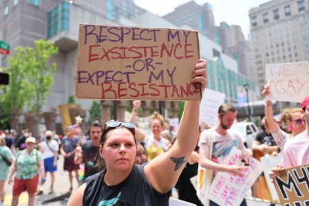 PHILADELPHIA, PENNSYLVANIA - JULY 01: People protest the Moms for Liberty Joyful Warriors national summit outside the Philadelphia Marriott Downtown on July 01, 2023 in Philadelphia, Pennsylvania. The self-labeled "parental rights" summit is bringing school board hopefuls from across the country where attendees will receive training and hear from Republican presidential candidates which include former U.S. President Trump, Florida Gov. Ron DeSantis and former South Carolina Gov. Nikki Haley. The summit, which is being held in an overwhelmingly Democratic Philadelphia, have drawn protestors since the event was announced due to their pushing of book bans accusing schools of ideological overreach, including teaching about race, gender, and sexuality. (Photo by Michael M. Santiago/Getty Images)