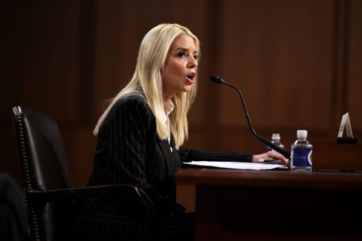 WASHINGTON, DC - JANUARY 15: Former Florida Attorney General Pam Bondi testifies before the Senate Judiciary Committee during her confirmation hearing for U.S. Attorney General in the Hart Senate Office Building on Capitol Hill on January 15, 2025 in Washington, DC. U.S. President-elect Donald Trump's nominee, Bondi represented Trump during his first impeachment trial in 2020 and publicly supported false claims that the 2020 election was stolen from him. (Photo by Chip Somodevilla/Getty Images)
