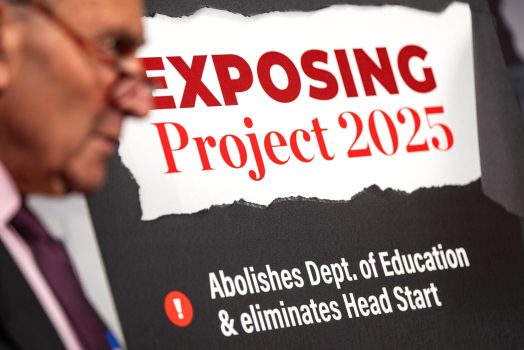 WASHINGTON, DC - SEPTEMBER 12: A sign that says "Exposing Project 2025" is seen during a news conference on "Project 2025" at the U.S. Capitol on September 12, 2024 in Washington, DC. The Heritage Foundation's Project 2025 promotes conservative and right-wing policies aimed at reshaping the U.S. government, like consolidating executive power if Donald Trump wins the Presidential election in November. (Photo by Kent Nishimura/Getty Images)
