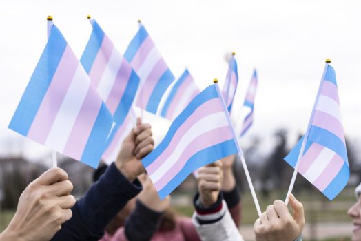 People holding transgender flags Many people holding transgender flags high in the sky