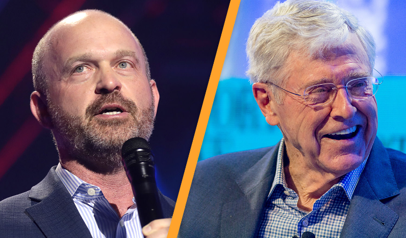 On the left, Kevin Roberts, President of the Heritage Foundation and former President of Wyoming Catholic College, whose foreward for Project 2025 includes a full-bore attack on LGBTQ and reproductive rights. And on the right, Charles Koch, 14th richest man in the world, co-originator of the Koch network, and widely seen as the driving force behind climate denial and the attacks on public schools and public health.